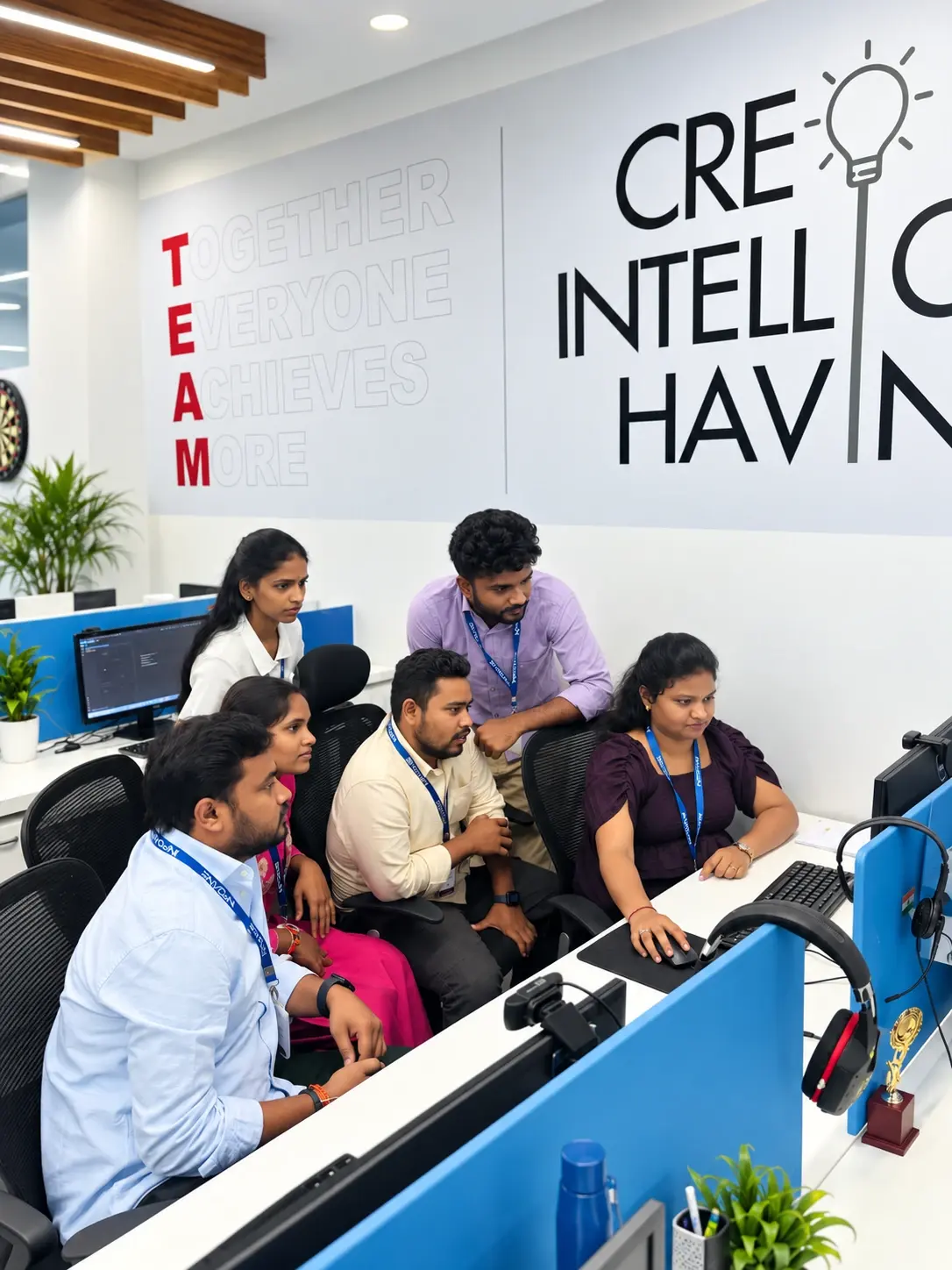 Infoane team members gathered around a workstation, reviewing a screen together in the office