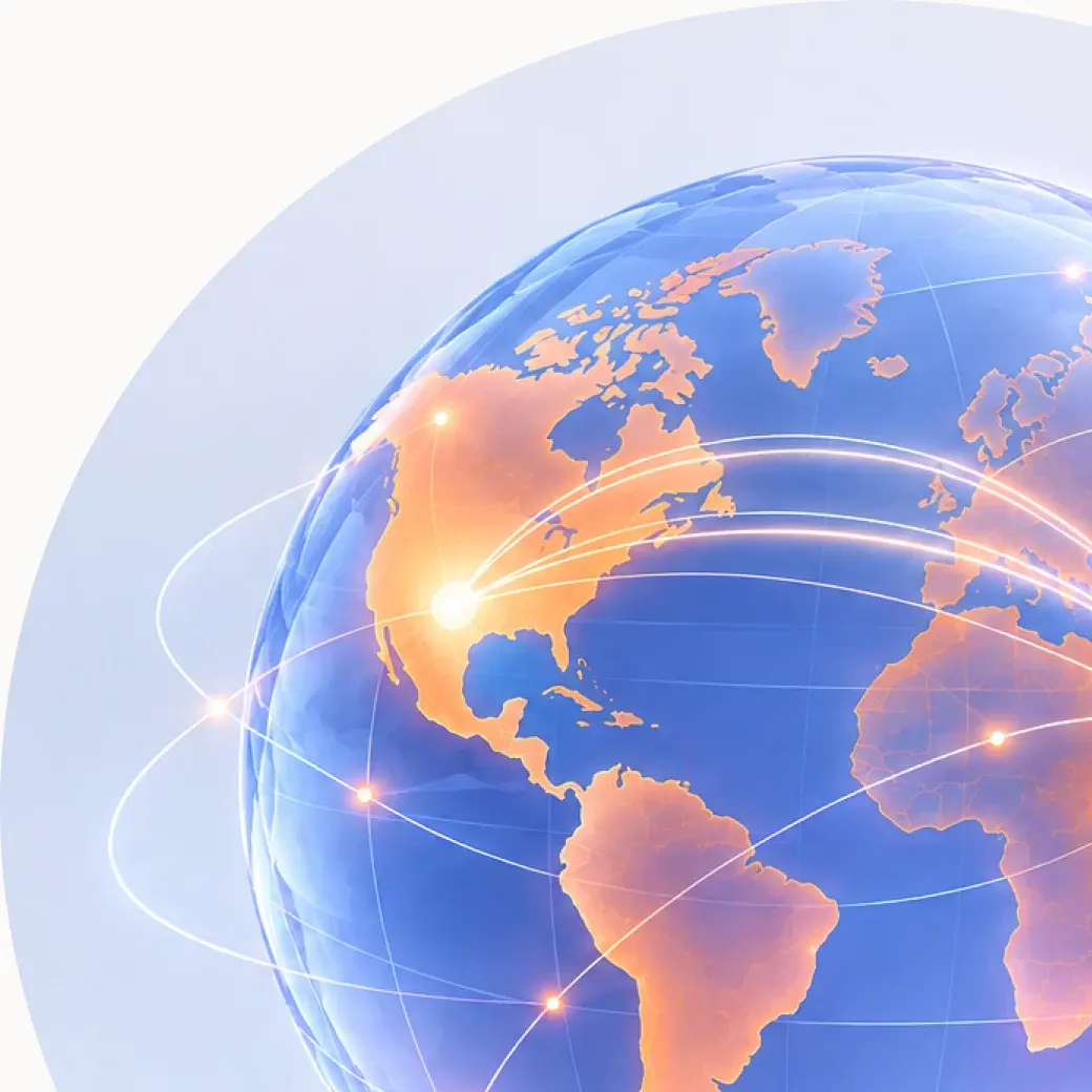 A glowing globe with light trails connecting the Americas to India