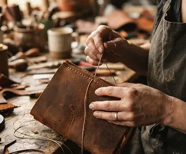 Hands stitching a leather notebook at a workbench