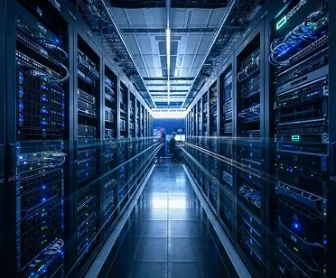 A long aisle of server racks lit in blue