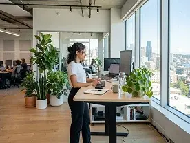 An engineer at a standing desk by the window