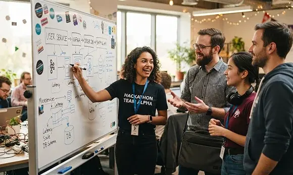 A team mapping services on a whiteboard during a hackathon