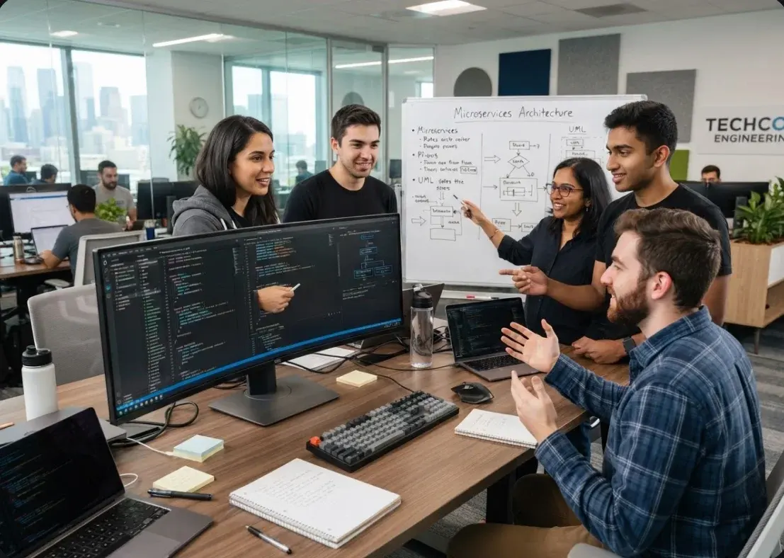 Engineers gathered around a desk with curved monitors, discussing an architecture diagram