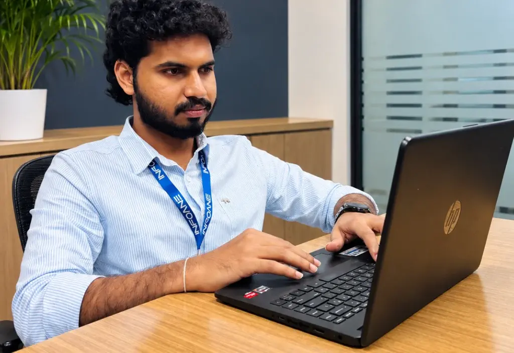 An Infoane engineer working on a laptop