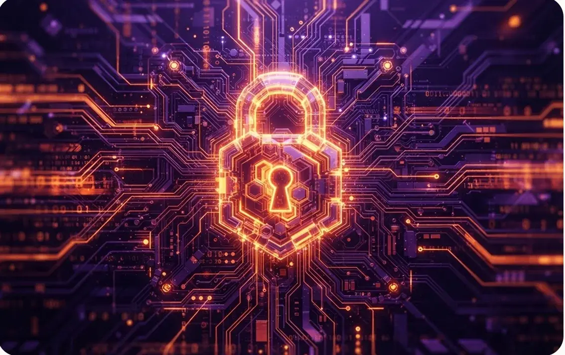 A glowing padlock at the centre of a circuit board, representing security-first infrastructure